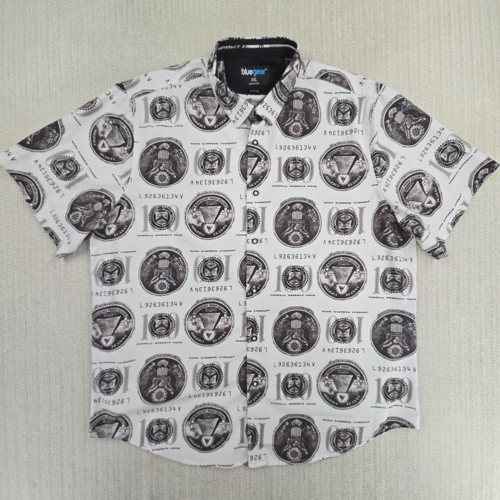 Bluegear Shirt Mens 2XL White Money Graphic Short Sleeve Button Up Slim Fit‎ AOP